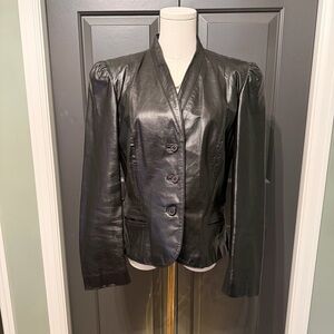 Vintage Le Soleil Black Leather Blazer | Puff Shoulder | Women’s Small